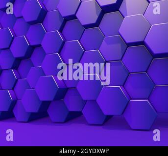 3D render of a wall of glossy purple extruding hexagon shapes Stock Photo