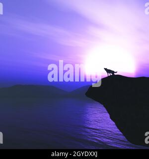 3D render of a wolf on a cliff howling against against a sunset sky Stock Photo