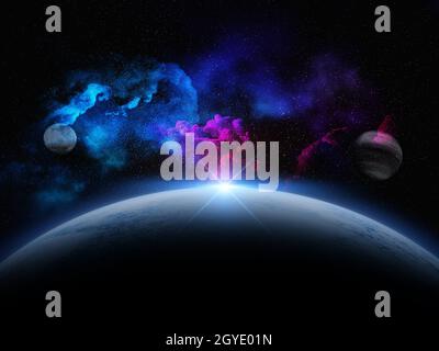 3D render of an abstract space scene with fictional planets Stock Photo