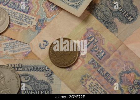 Old money USSR, Old Soviet coins and banknotes. Abstract money background Stock Photo