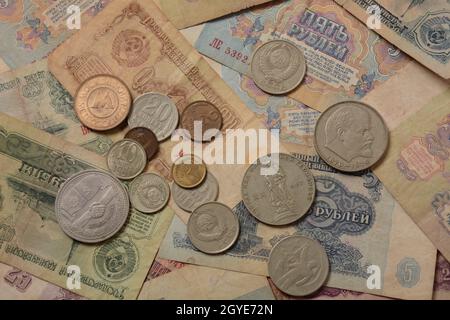 Old money USSR, Old Soviet coins and banknotes. Abstract money background Stock Photo