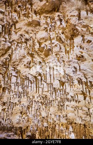 Hundreds of small Stalactites hanging from flat cave ceiling Stock Photo