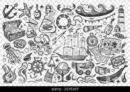 Pirates doodle set. Collection of sea ocean symbols treasure map gold chest ship mermaid whale rum sailor isolated on transparent background. Corsairs Stock Photo