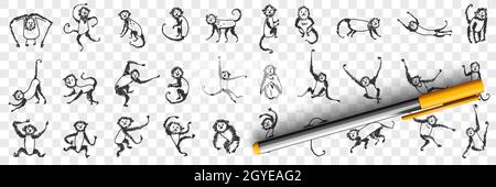 Monkeys enjoying life doodle set. Collection of hand drawn monkey animals primate playing hanging on branches and trees eating sleeping feeling happy Stock Photo