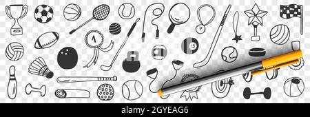 Sport games equipment doodle set. Collection of hand drawn badminton racket dumbbells soccer ball trophies hockey stick rugby tennis ball darts field Stock Photo