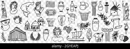 Symbols of ancient culture doodle set. Collection of hand drawn greek sculptures buildings arch gods ships musical instruments masks for theatre from Stock Photo