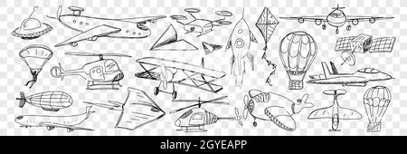 Various air vehicles during flight doodle set. Collection of hand drawn planes helicopters air balloons kites airplanes flying saucer parachute isolat Stock Photo