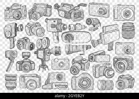 Photo cameras and tripods doodle set. Collection of hand drawn digital and film camera on tripods and lens for making pictures and enjoying hobby prof Stock Photo