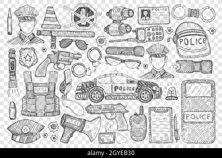 Police tools and uniform doodle set. Collection of hand drawn police office, car gun speaker uniform hat radio handcuffs speaker lantern binoculars bu Stock Photo