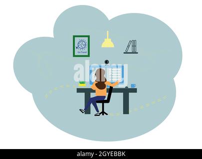 Vector illustration, flat style. Girl online assistant at work, promotion in the network, manager at remote work. A woman works behind a computer. Stock Photo