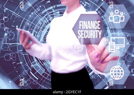 Text caption presenting Finance Security, Business showcase document that entitles the owner with some rights and claims Lady In Uniform Standing Hold Stock Photo