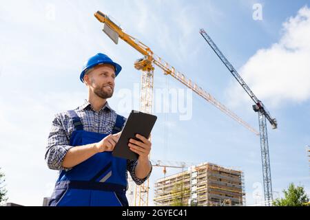 Construction Worker Or Engineer At Site Inspecting Stock Photo