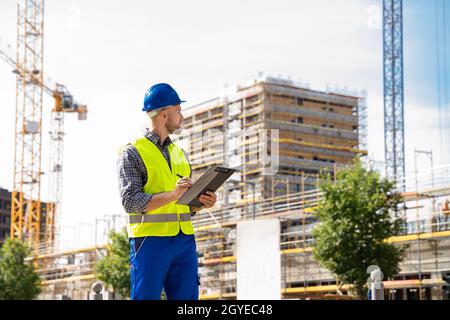 OSHA Inspector At Construction Site. Young Engineer Worker Stock Photo