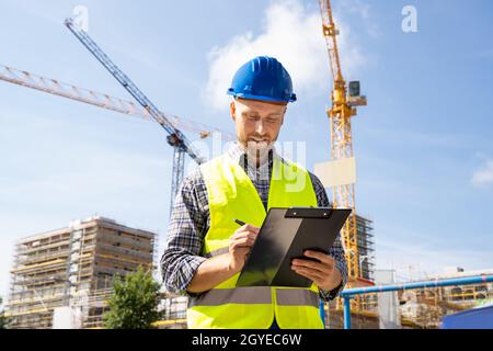 OSHA Inspector At Construction Site. Young Engineer Worker Stock Photo