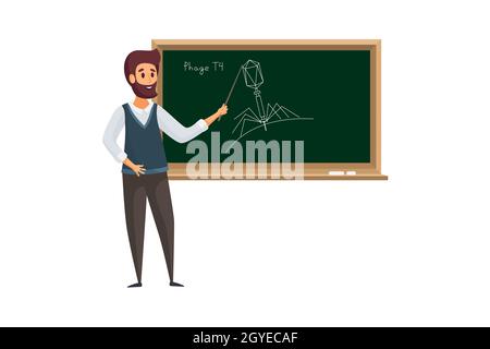 Training, teaching, education concept. Happy man teacher tutor cartoon character explaining new topic subject near blackboard. Giving knowledge, schoo Stock Photo