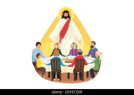 Christianity, religion, meal, protection, prayer, worship, concept. Jesus Christ son of God watching at young family father son daughter mother on din Stock Photo