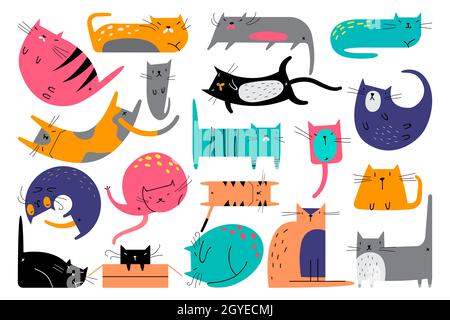 Cats doodle set. Collection of creative childish patterns domesticated animals kitties kitten pets in different poses. Human friends seamless texture Stock Photo