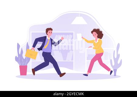 Hurrying people in office, business concept. Young worried busy businessman woman partners clerks managers employees cartoon characters running at wor Stock Photo