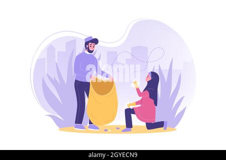 Environmental care, ecology, volunteering concept. Illustration of arabic couple man muslim, woman in hidjab teamworkers volunteers in park doing clea Stock Photo