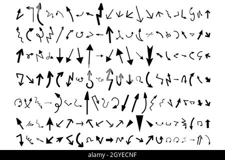 Arrows doodle set. Big collection of different shape round twisted arrowhead computer cursors pointers isolated on white background. Navigation symbol Stock Photo