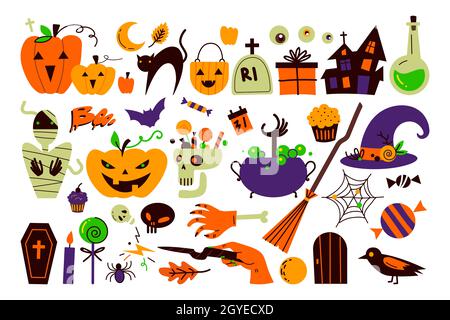 Halloween holiday doodle set. Collection of bats spooky pumpkins owls scary creatures alchemic vodoo equipment isolated on white. Illustration for pri Stock Photo