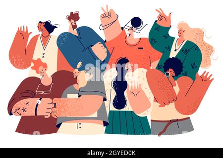Business team, office workers, multicultural group concept. Group of young smiling business workers posing together expressing successful cooperation Stock Photo