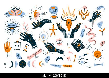 Witchcraft doodle set. Collection of minimalistic design elements on white background. Magical pictures of occultism magician symbols perfect for tatt Stock Photo