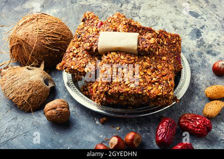 Diet biscuits made from seeds, dried fruits and coconut.Tasty cookie Stock Photo