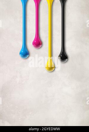 3D cmyk ink drops isolated on white concrete background. square ...
