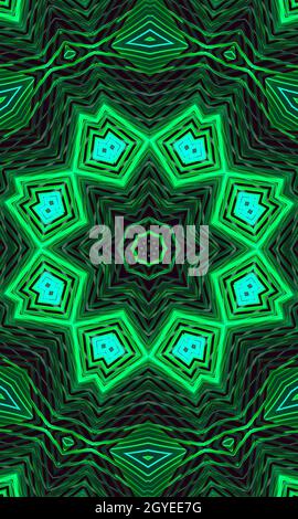 A dark background with a glowing green ornament in the shape of a stylized flower. Kaleidoscope pattern for design Vertical image. Stock Photo