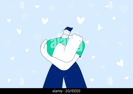 Self care, self love and esteem concept. Young smiling man cartoon character standing and hugging himself feeling happy and positive alone being proud Stock Photo