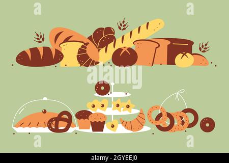 Bakery doodle set. Hand drawn white bread loaves pastry cookies toasts buns croissants donuts meal unhealthy nutrition food. Baked wheat agricultural Stock Photo