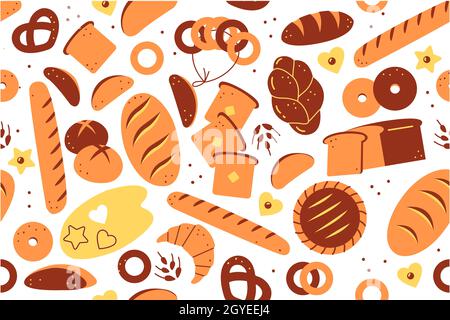 Bakery seamless pattern set. Hand drawn doodle white bread loaves pastry cookies toasts buns croissants donuts meal unhealthy nutrition food. Baked wh Stock Photo
