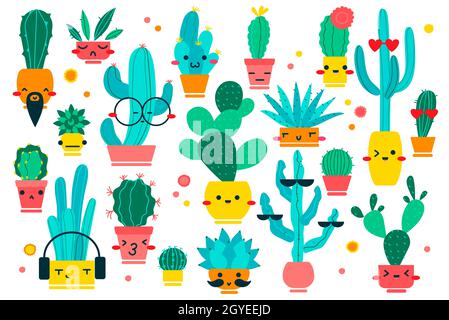 Cacti doodle set. Hand drawn doodle patterns of different shpae cactus botanical collection mascots character with happy faces on white background. De Stock Photo