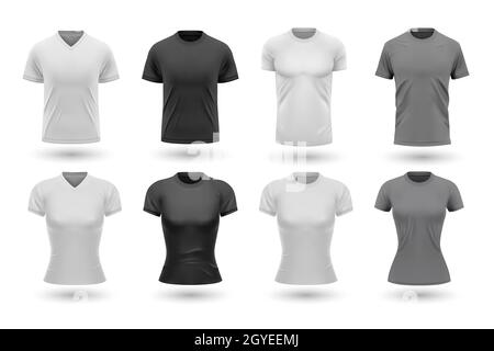 Realistic male shirt mockups set. Collection of realism style drawn tshirt templates front design isolated in raw. Illustration of black gray version Stock Photo