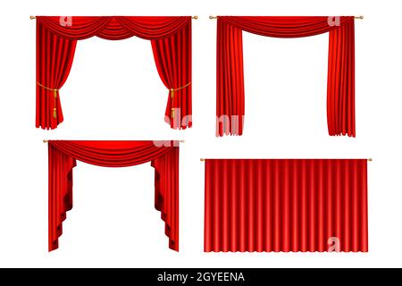 Realistic curtains set. Collection of realism style drawn isolated red theater sliding curtains mockup. Illustration of different form and size opera Stock Photo