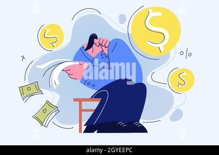 Depression, crisis, bankrupt concept. Businessman sitting feeling depressed with debts and lack of money and profit feeling upset and frustrated in ca Stock Photo