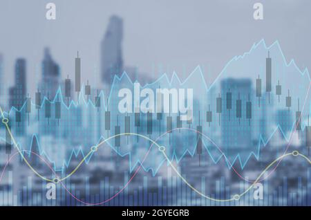 Trading candlestick chart and graph stock market on blurred city background. business investment finance concept Stock Photo
