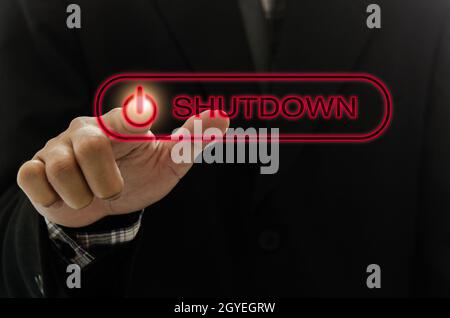 hand press touch screen shutdown button virtual screen. Stock Photo