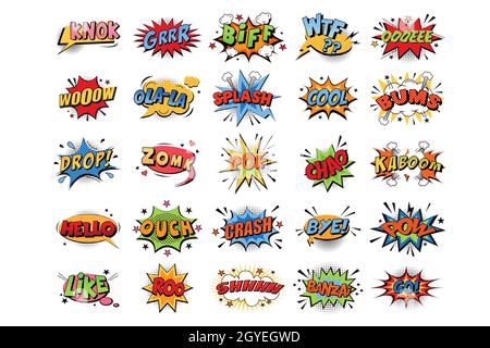 Comic book bubbles doodle set. Collection of cartoon emotional colour explosions funny comical speech clouds comics words thinking dream bubbles graph Stock Photo