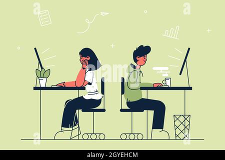 Office work, business, teamwork concept. Man and woman sitting and working at office desks with desktop computers together vector illustration Stock Photo