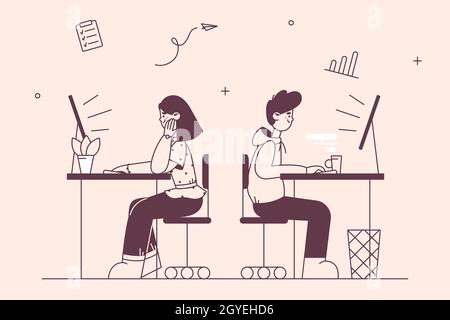 Office work, business, teamwork concept. Man and woman sitting and working at office desks with desktop computers together vector illustration Stock Photo