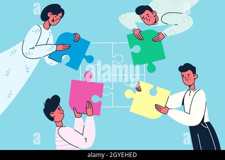 Teamwork, cooperation, collaboration concept. Office workers putting colorful pieces of puzzle together in one picture in business vector illustration Stock Photo