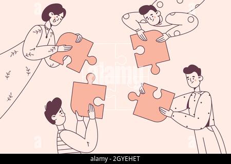 Teamwork, cooperation, collaboration concept. Office workers putting colorful pieces of puzzle together in one picture in business vector illustration Stock Photo