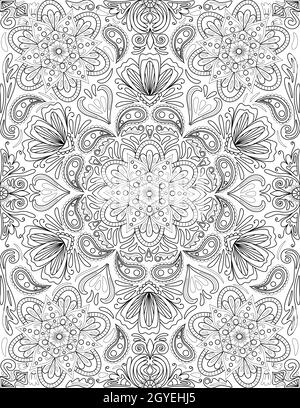 Kaleidoscope Symmetrical Mandala Flower Colorless Line Drawing Stock Photo