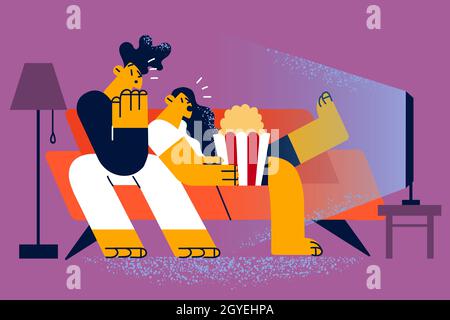 Watching horrors at home concept. Young scared couple sitting on sofa popcorn watching horror genre film resting at home indoors together vector illus Stock Photo
