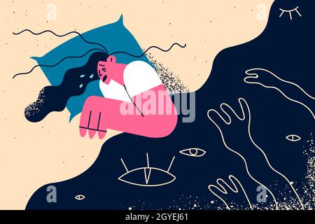 Depression, grief, mental disorder concept. Despaired woman lying in bed crying feeling sorrow, depression, sadness vector illustration Stock Photo