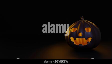 Halloween's day concept. Cute Jack O Lantern pumpkin ghost with light, celebration happy Halloween event illustration template minimal style on dark b Stock Photo