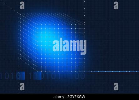3D dot cube on binary code background, digital abstract technology background Stock Photo