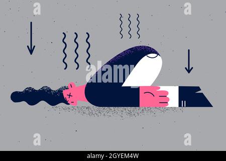 Emotional burnout and depression concept. Young sad woman lying on floor feeling Mental disorder or illness after hard work or failure vector illustra Stock Photo